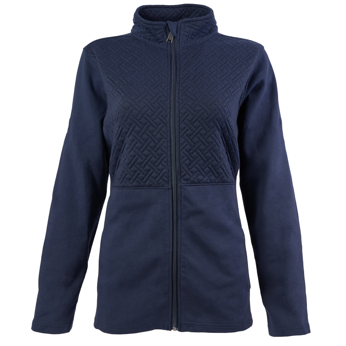 The Boeing Stores Boeing Signature Logo Womens Quilted Full-Zip is a navy blue, ladies cut jacket with long sleeves, a high collar, quilted geometric upper chest and shoulders, smooth lower fabric, and the Boeing logo. Shown on a white background.