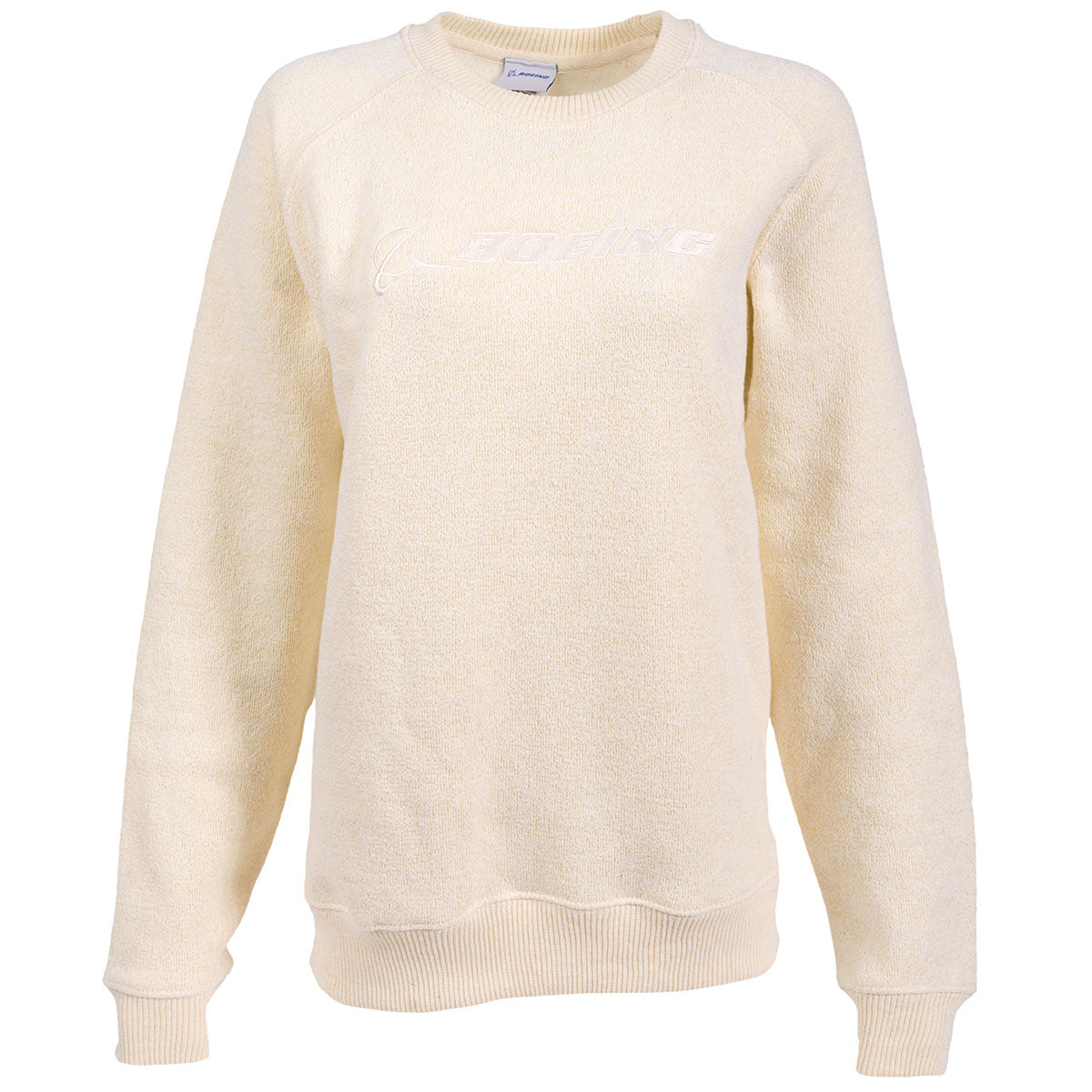 The Boeing Store offers the Boeing Signature Logo Womens Crewneck Sweatshirt, a cream-colored, fuzzy-textured crewneck with long sleeves, ribbed cuffs, and BOEING subtly embossed on the chest—ideal for aviation enthusiasts.