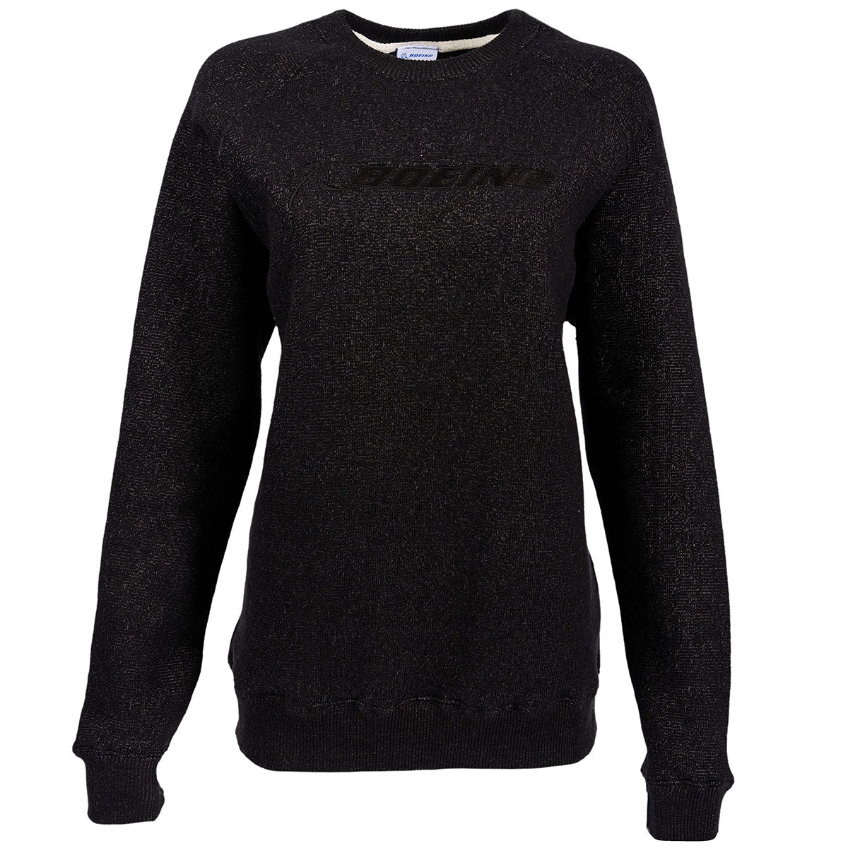 The Boeing Stores Boeing Signature Logo Womens Crewneck Sweatshirt features a black long-sleeve design with subtle chest text and a slightly shimmering fabric, perfect for style-savvy aviation enthusiasts.