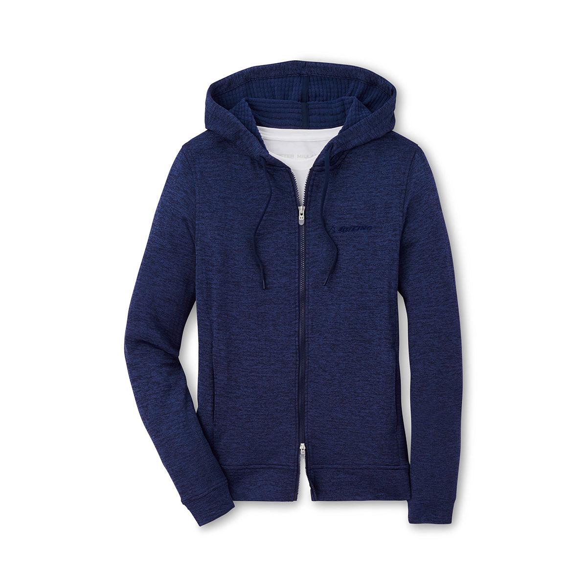 The Boeing Stores Peter Millar Women’s French Terry Full-Zip Hoodie in blue has a hood, adjustable drawstrings, and is made from performance fabric. It features a subtle textured pattern with 4-way stretch and moisture-wicking properties. It has long sleeves with ribbed cuffs against a white background.