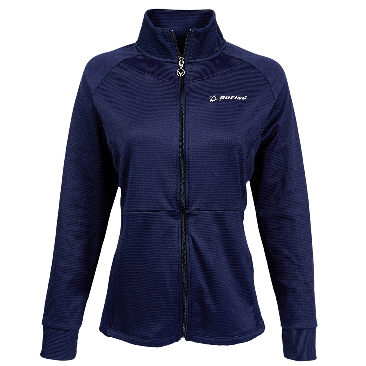 The Callaway Boeing Womens Full-Zip Waffle Fleece from The Boeing Store is a navy jacket with a high collar, ideal for outdoor adventures. It showcases the Boeing logo on the left chest.