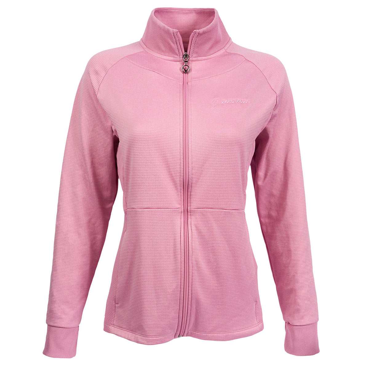 The Boeing Store showcases the Callaway Boeing Womens Full-Zip Waffle Fleece jacket in pink, featuring long sleeves, a high collar, textured waffle fleece fabric, and subtle embroidered branding on the left chest—ideal for outdoor adventures against a white background.