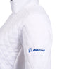close up of Boeing logo on left arm in the brilliant white color