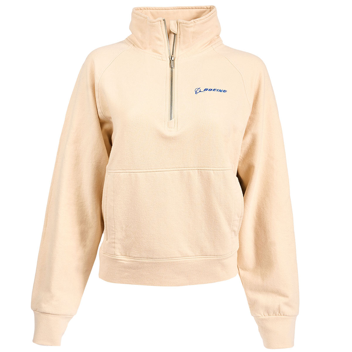 The Boeing Stores Glyder Boeing Womens Daily Quarter-Zip Pullover features a beige ISOSOF™ plush fabric, long sleeves, high collar, blue Boeing logo on the left chest, relaxed fit, and large front pocket.