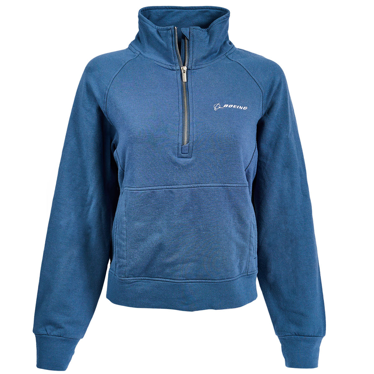 The Glyder Boeing Womens Daily Quarter-Zip Pullover from The Boeing Store features a blue soft ISOSOF™ plush fabric, high collar, front kangaroo pocket, and Boeing logo on the left chest for ultimate comfort.