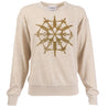 Vanilla bean crewneck sweater featuring a gold Snowflake features the 787 Dreamliner, T-7A Red Hawk and Space Launch System in the center of the sweater.