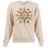 Vanilla bean crewneck sweater featuring a gold Snowflake features the 787 Dreamliner, T-7A Red Hawk and Space Launch System in the center of the sweater.