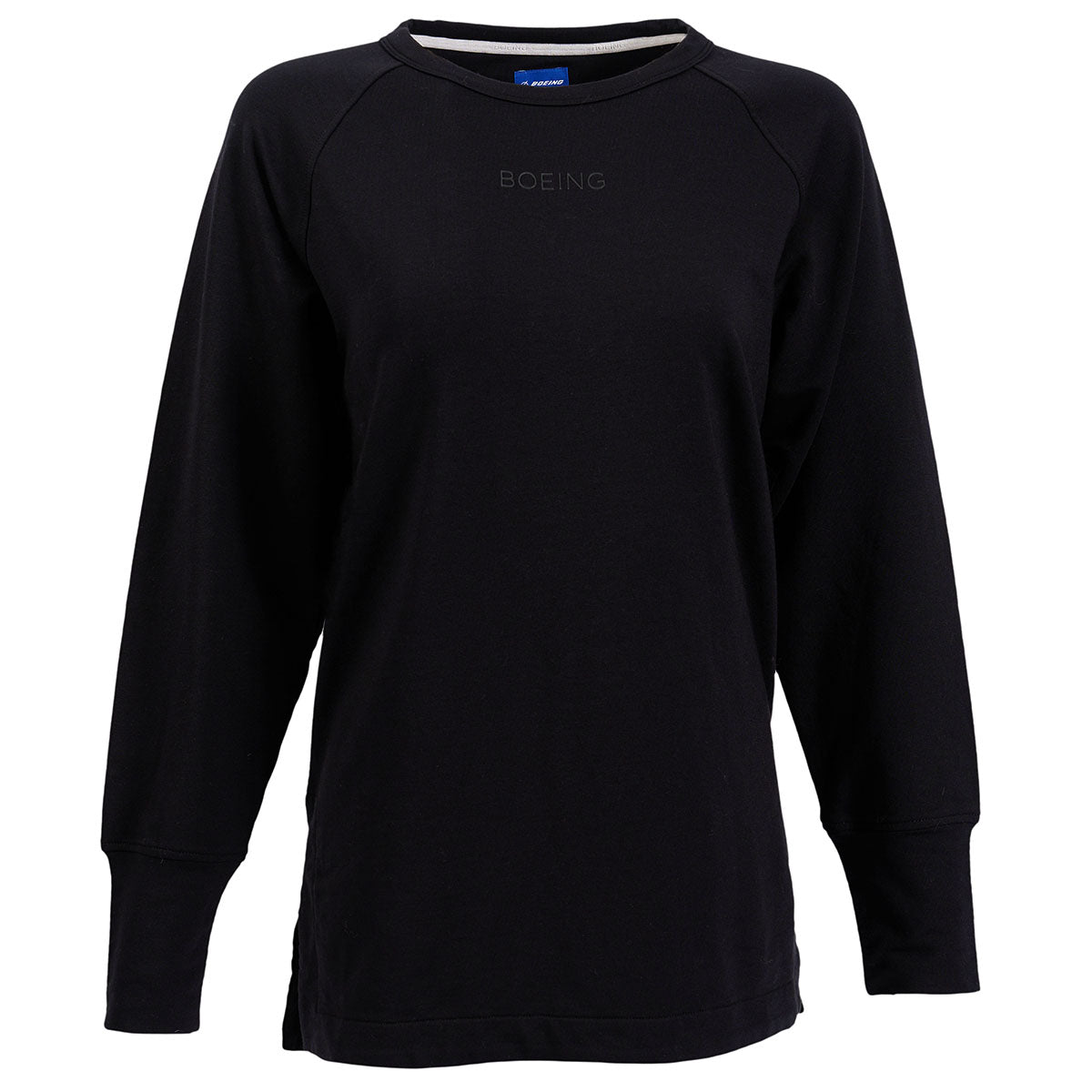 The Boeing Womens Raglan Crewneck Sweatshirt from The Boeing Store features a subtle BOEING embossing on its front. This black long-sleeve sweatshirt is crafted from a comfortable cotton blend and offers both style and comfort with its crew neckline and relaxed fit.