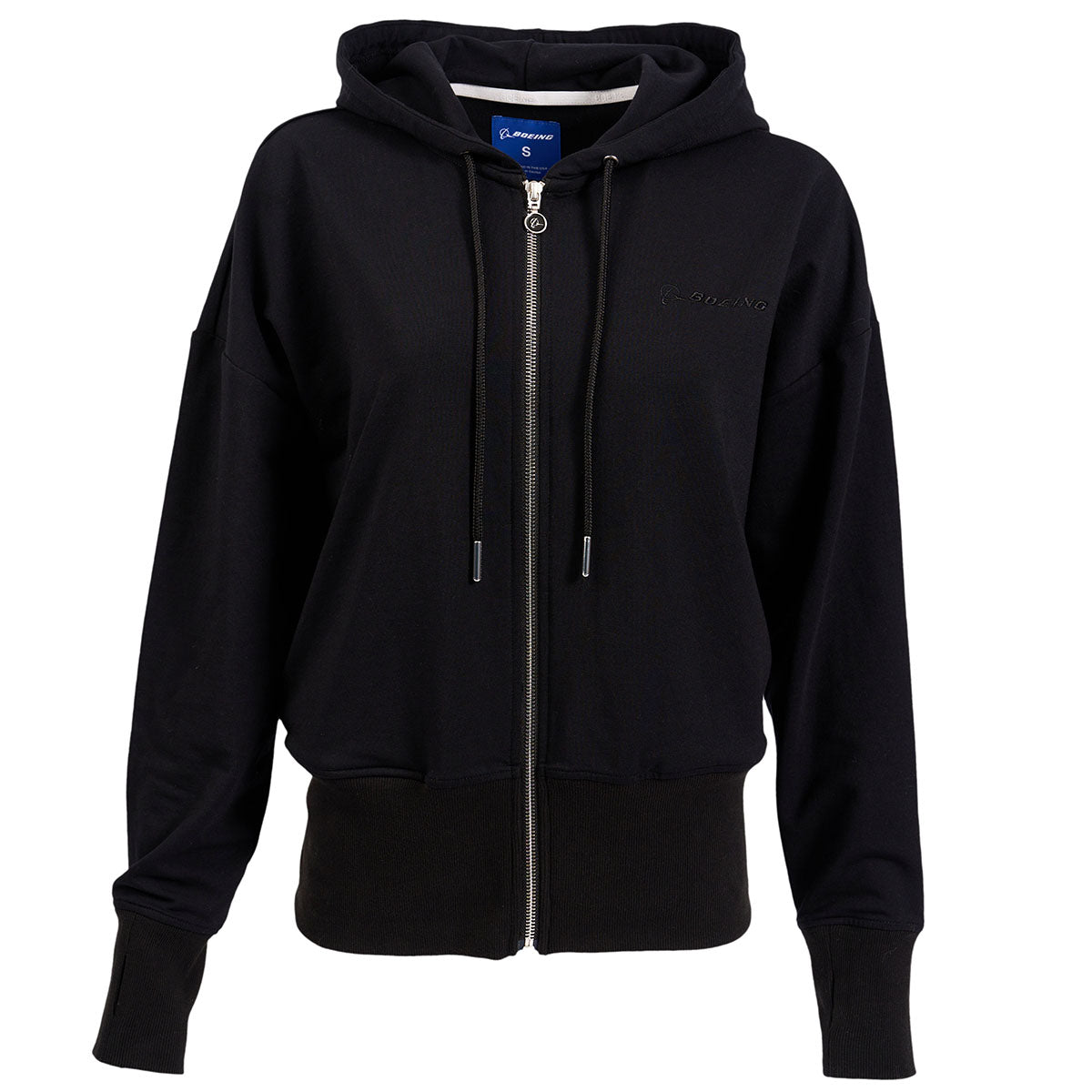 Full product image on a buss in the Black color.  Features full-zip, thumb holes in both arm cuffs, Boeing logo embroidered on left chest.