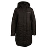 Full length image of the long puffer jacket in black. Boeing logo on left chest.