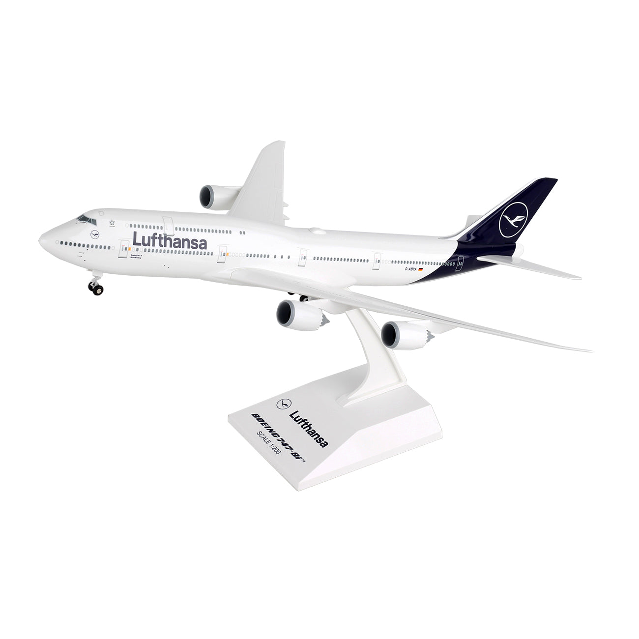 The Daron Lufthansa Boeing 747-8I 1:200 Model features Lufthansa branding, four engines, and a blue tail fin. Displayed on a stand labeled Lufthansa Boeing 747-8, its ideal for collectors and aviation enthusiasts.