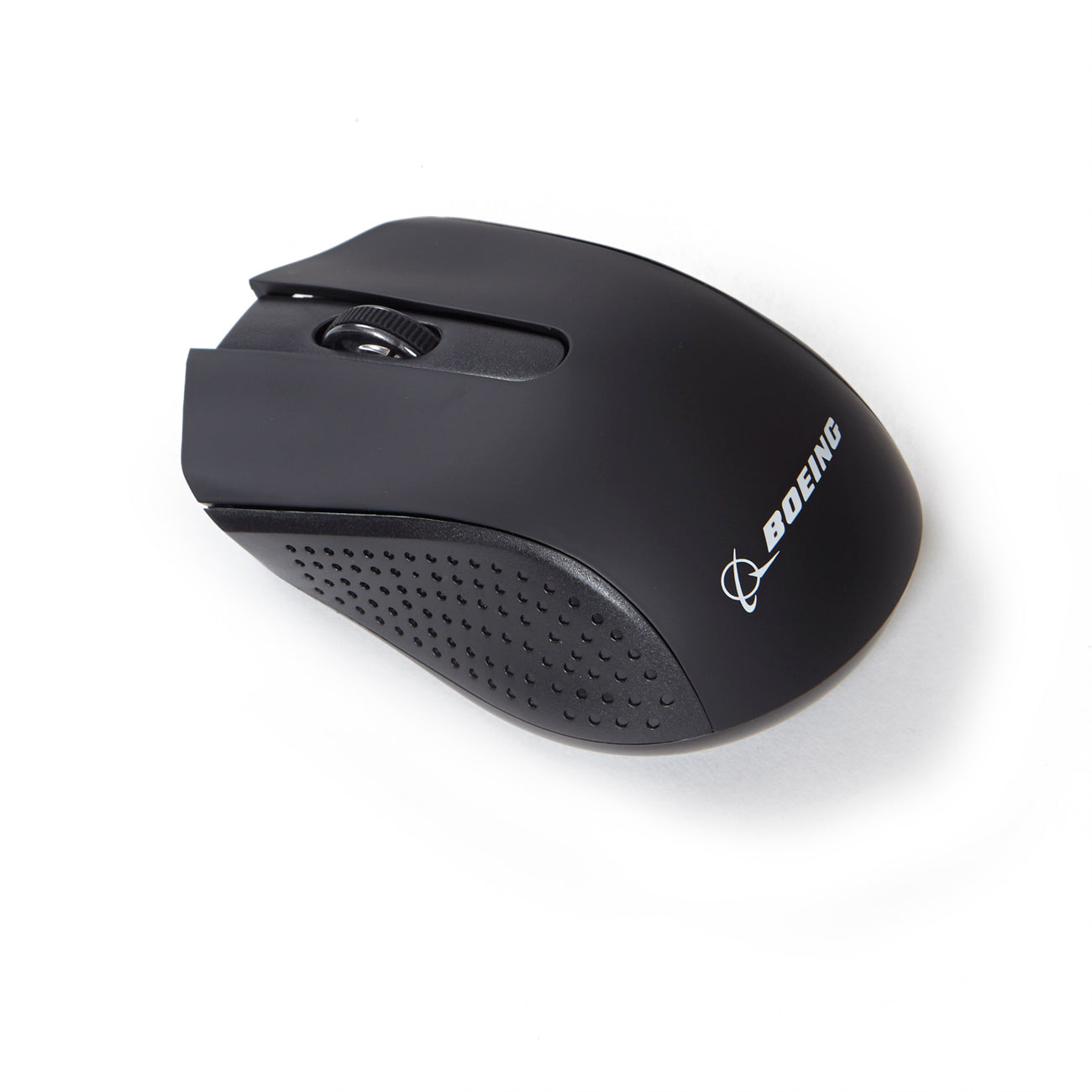The Boeing Store offers the Boeing 2.4-GHz Wireless Mouse in sleek black, featuring infrared light-tracing, scroll wheel, textured grips, and a white Boeing logo on the top right corner, set against a plain white background.