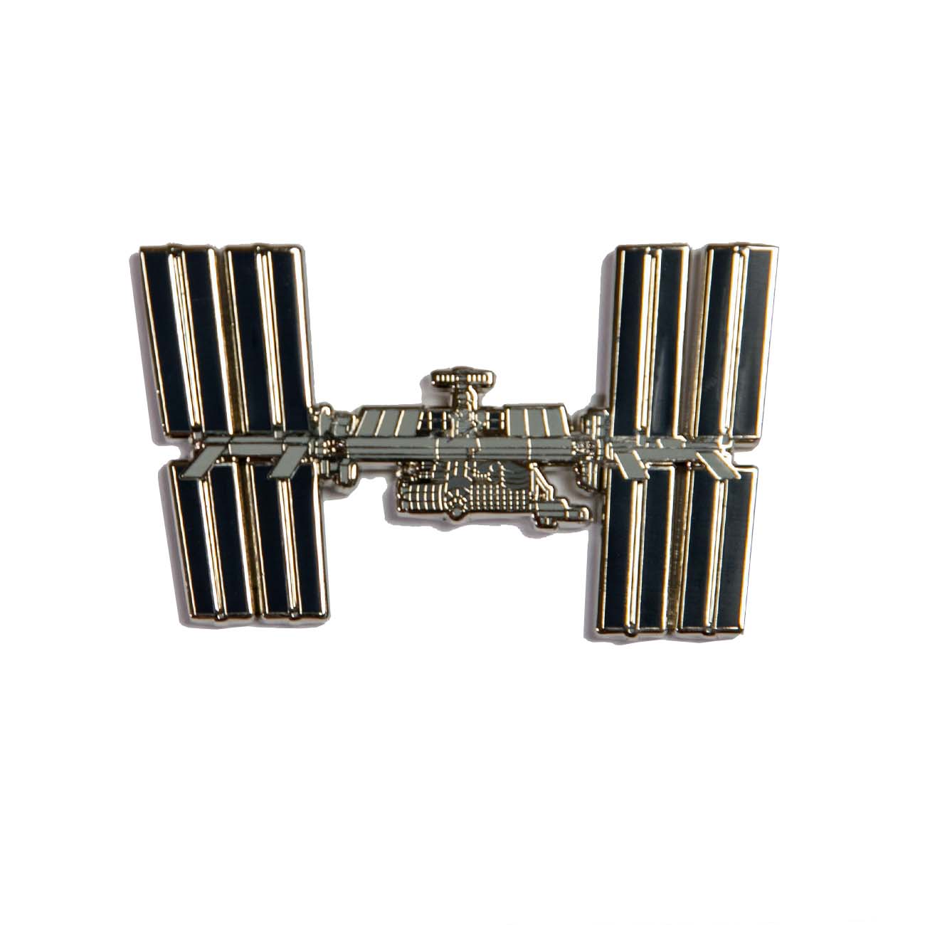 The Boeing ISS Illustrated Magnet by The Boeing Store showcases a metal model of the International Space Station on a white background. The detailed solar panels and modules are vividly highlighted with enamel color fill, reflecting the iconic design of the real ISS.