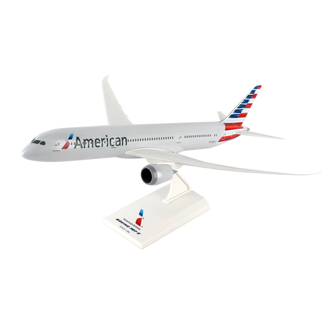 The Daron American Airlines Boeing 787-9 1:200 Model features authentic graphics, the airline’s logo, and a red, white, and blue tail design. Displayed on a white stand, its ideal for collectors.