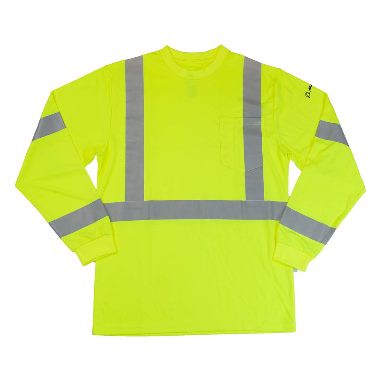The Boeing Stores Boeing Class 3 Safety Long Sleeve T-Shirt in bright yellow features Xtreme-flex™ technology, moisture-wicking fabric, and reflective gray stripes on the chest, arms, and shoulders for high visibility.