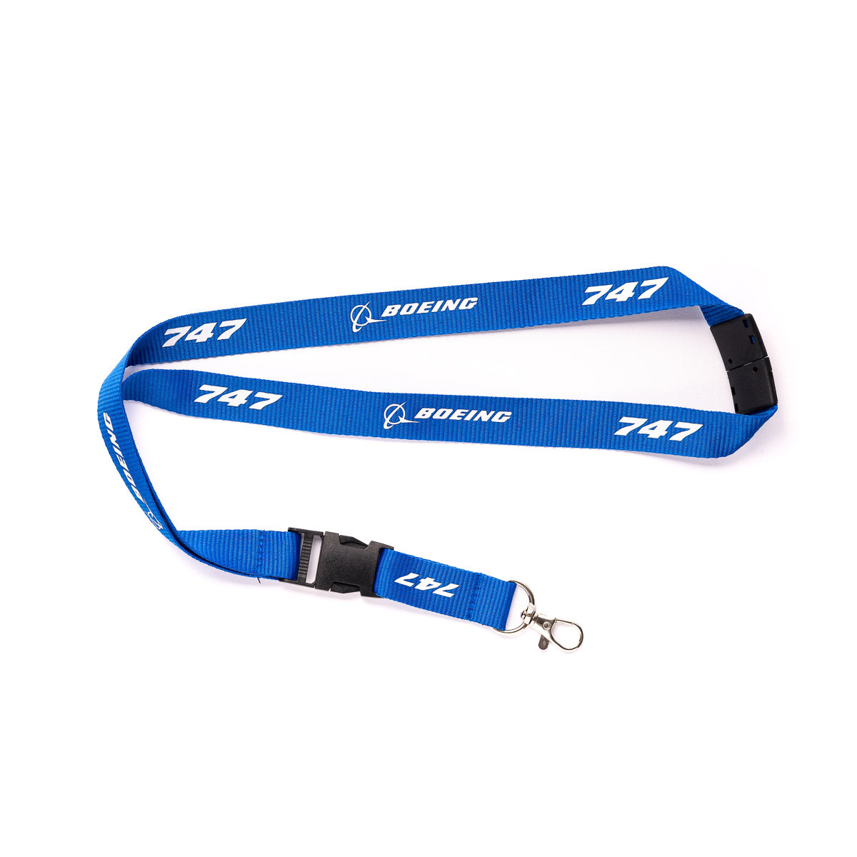 The Boeing Stores blue Boeing 747 Stratotype Lanyard features white Boeing and 747 text with a metal clip, making it the ideal office accessory for aviation history enthusiasts.