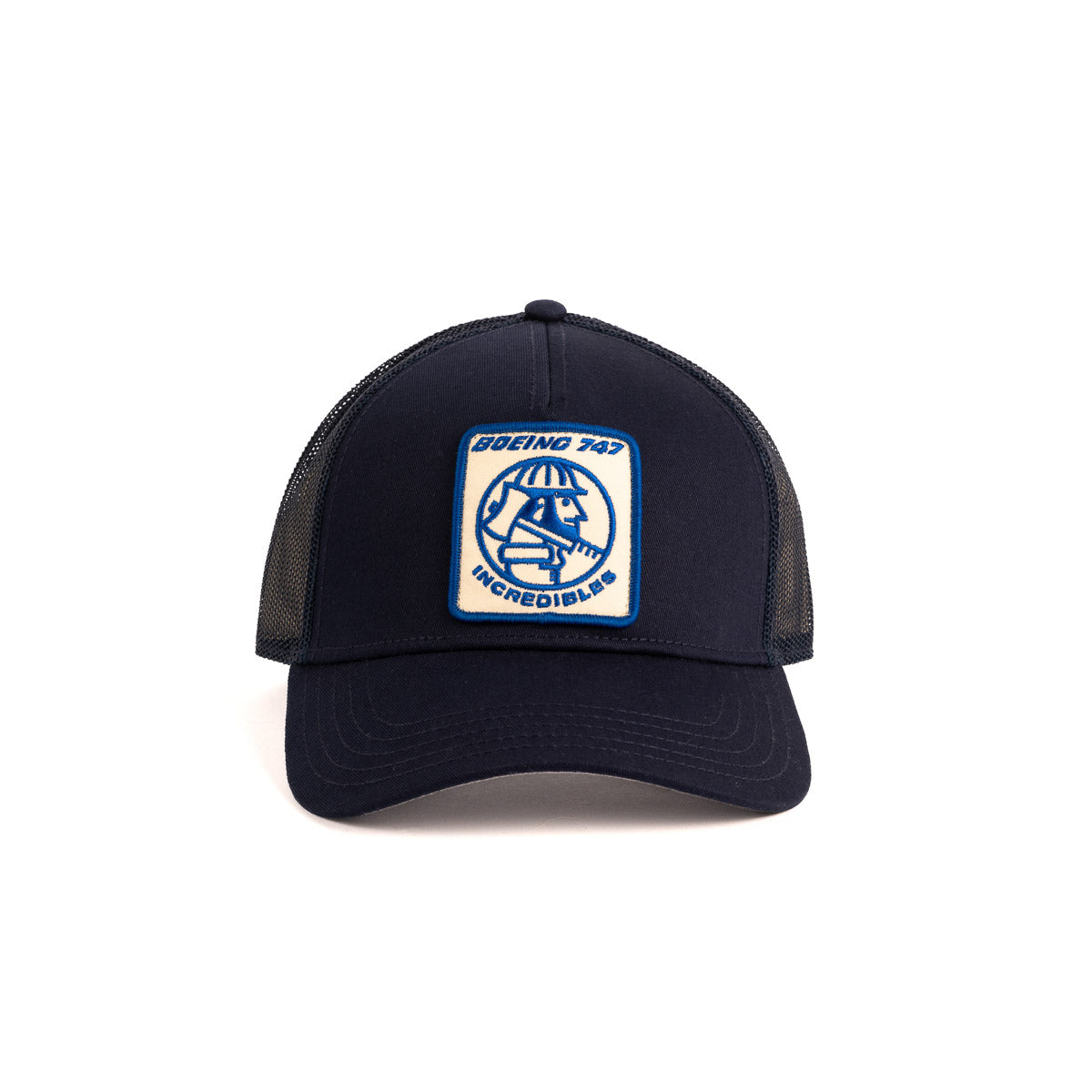 Blue and black mesh trucker cap with a vintage logo patch displaying a plane illustration and Boeing Vintage 747 Incredibles in blue and yellow, by The Boeing Store.