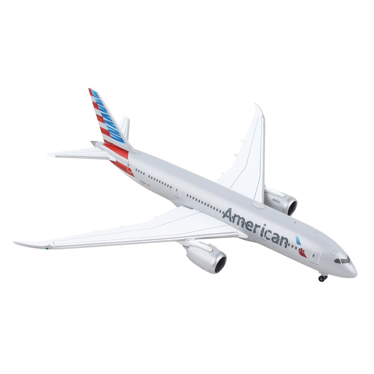 The Daron American Airlines Boeing 787-8 1:500 die-cast model features a white fuselage, blue and red striped tail, landing gear, and the American logo on the side, shown isolated on a white background.