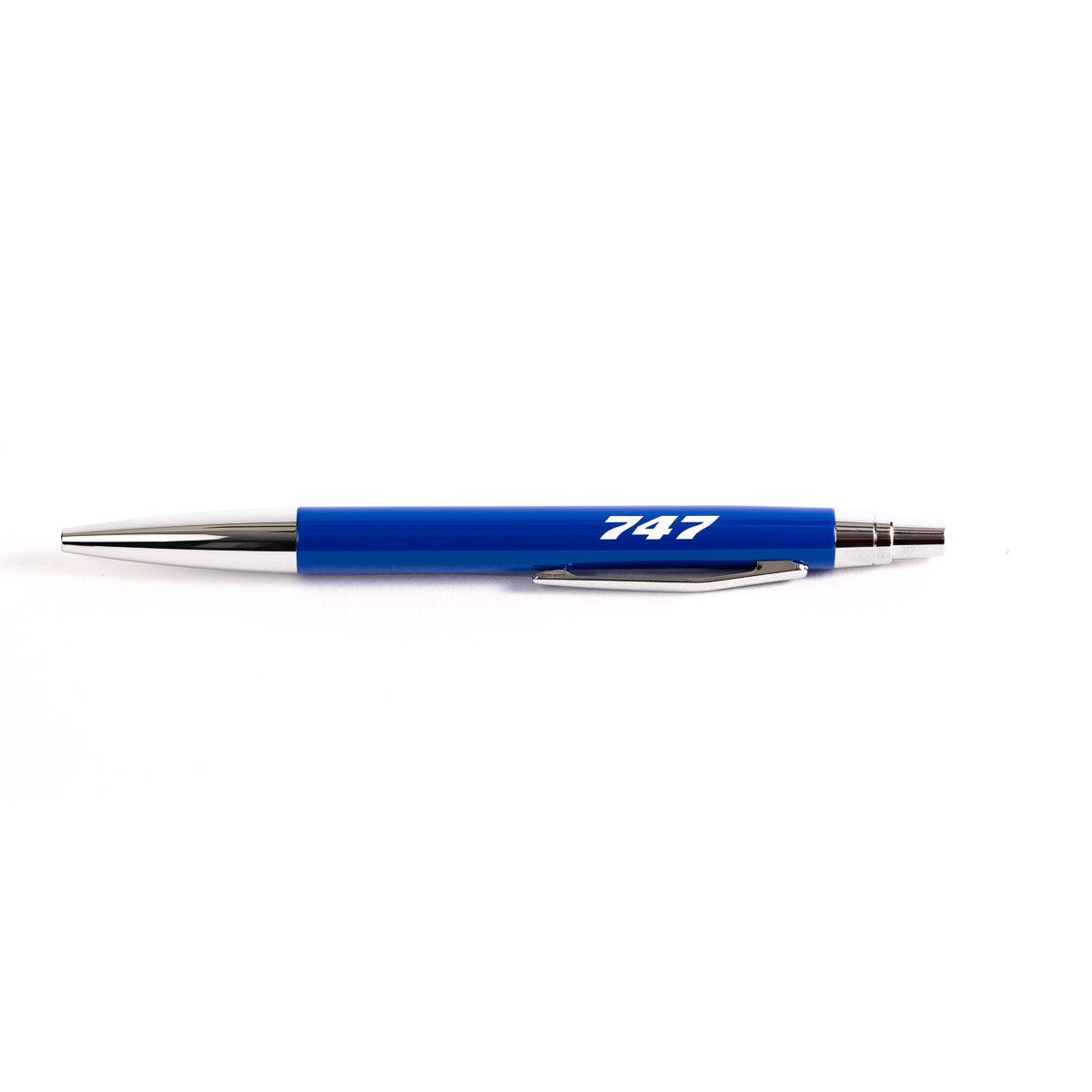 The Boeing Store’s Boeing 747 Stratotype Pen is a blue and silver retractable ballpoint pen with 747 in white on the barrel, ideal for aviation fans and shown horizontally on a white background.