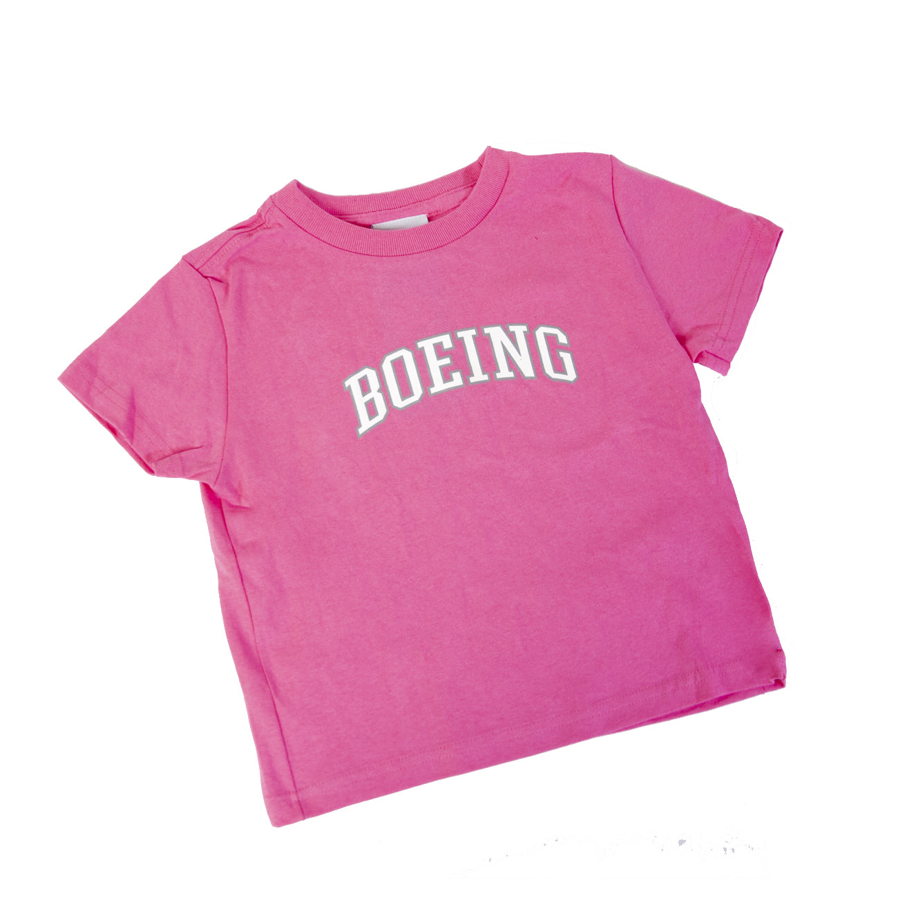 The Boeing Varsity Logo Toddler T-Shirt from The Boeing Store features a bold white varsity logo on a pink, 100% cotton T-shirt, laid flat against a plain white background, embodying aviation adventure.
