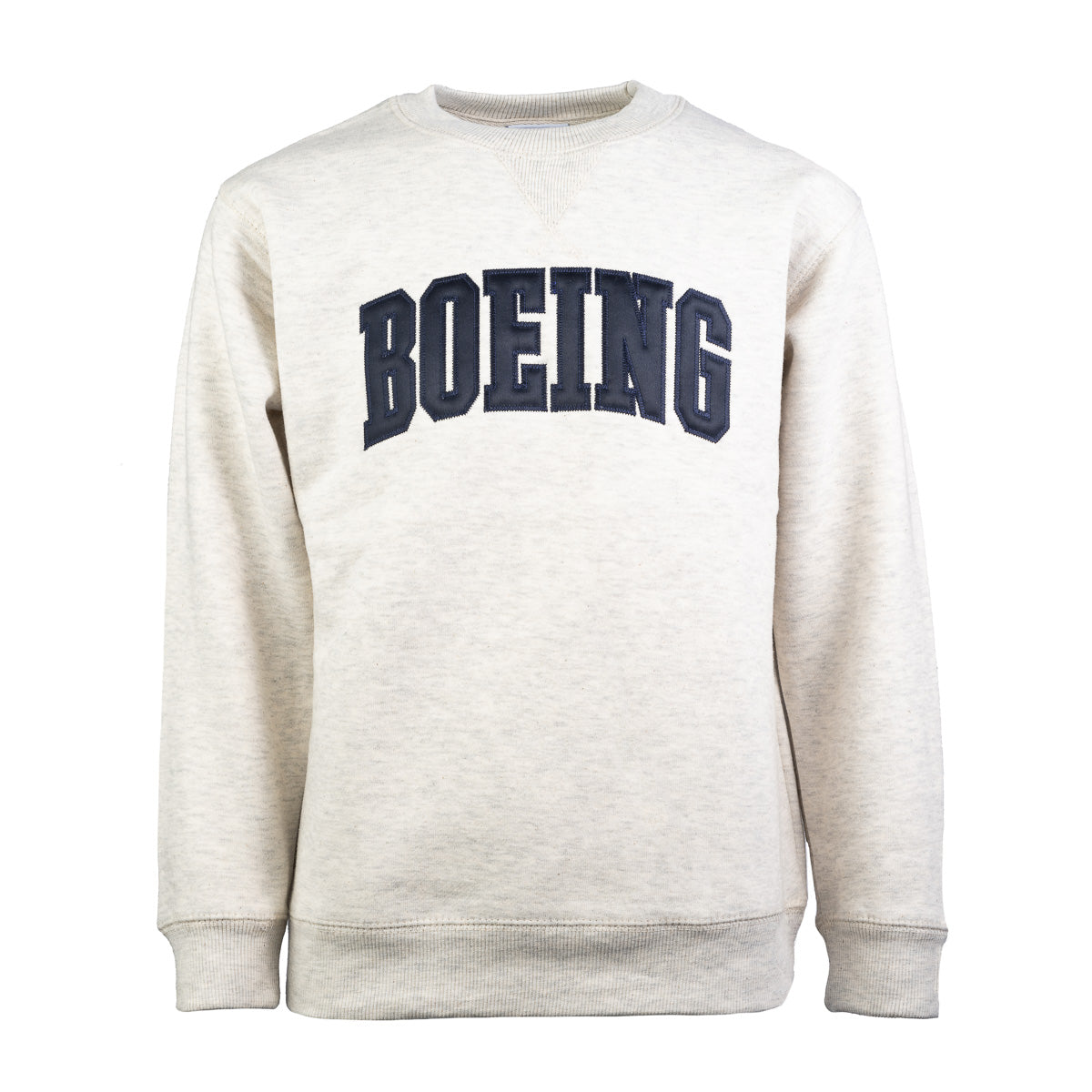 Product image the crewneck sweater in oatmeal color.  Navy blue Boeing varsity logo across the chest