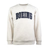 Product image the crewneck sweater in oatmeal color.  Navy blue Boeing varsity logo across the chest