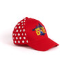 Rosie we can do it quote overlay on a navy blue Boeing B-17 printed on center front of the two front panels of the hat. Solid red on top of the bill. Hat angled with the bill to the right. showing partial center side panel with white polka dots.