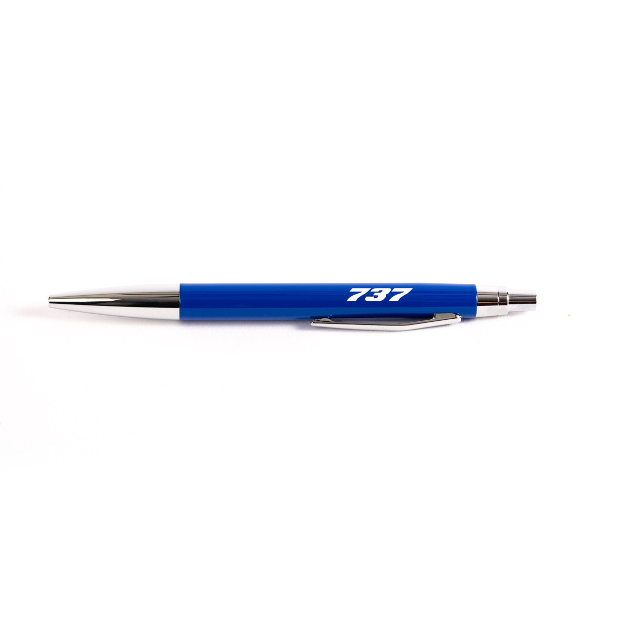 The Boeing Stores Boeing 737 Stratotype Pen is a blue and silver retractable pen with 737 in white on the barrel, featuring a Parker-style refill—perfect for aviation fans. Pictured on a plain white background.
