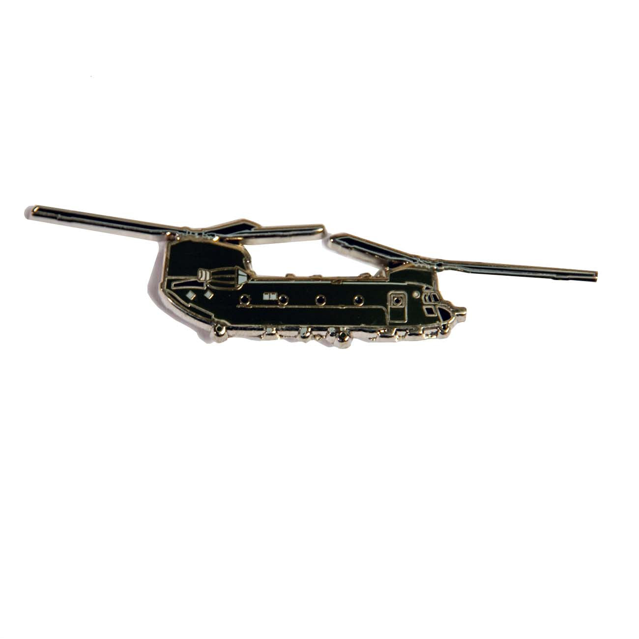 The Boeing Stores CH-47 Illustrated Magnet features a military helicopter with two rotors, intricately filled with dark green and silver enamel against a white background, making it an eye-catching addition for aviation enthusiasts.