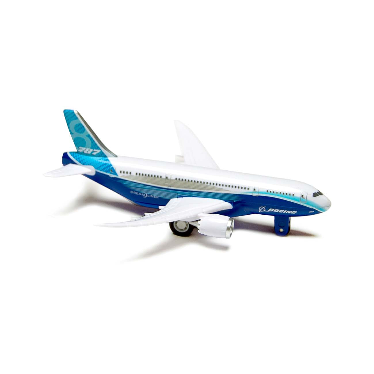 The Boeing Stores Boeing 787 Dreamliner Pullback Toy, featuring a white and blue design with branding, is displayed from the side against a white background. This toy highlights the planes sleek details and appeals to enthusiasts and collectors alike.