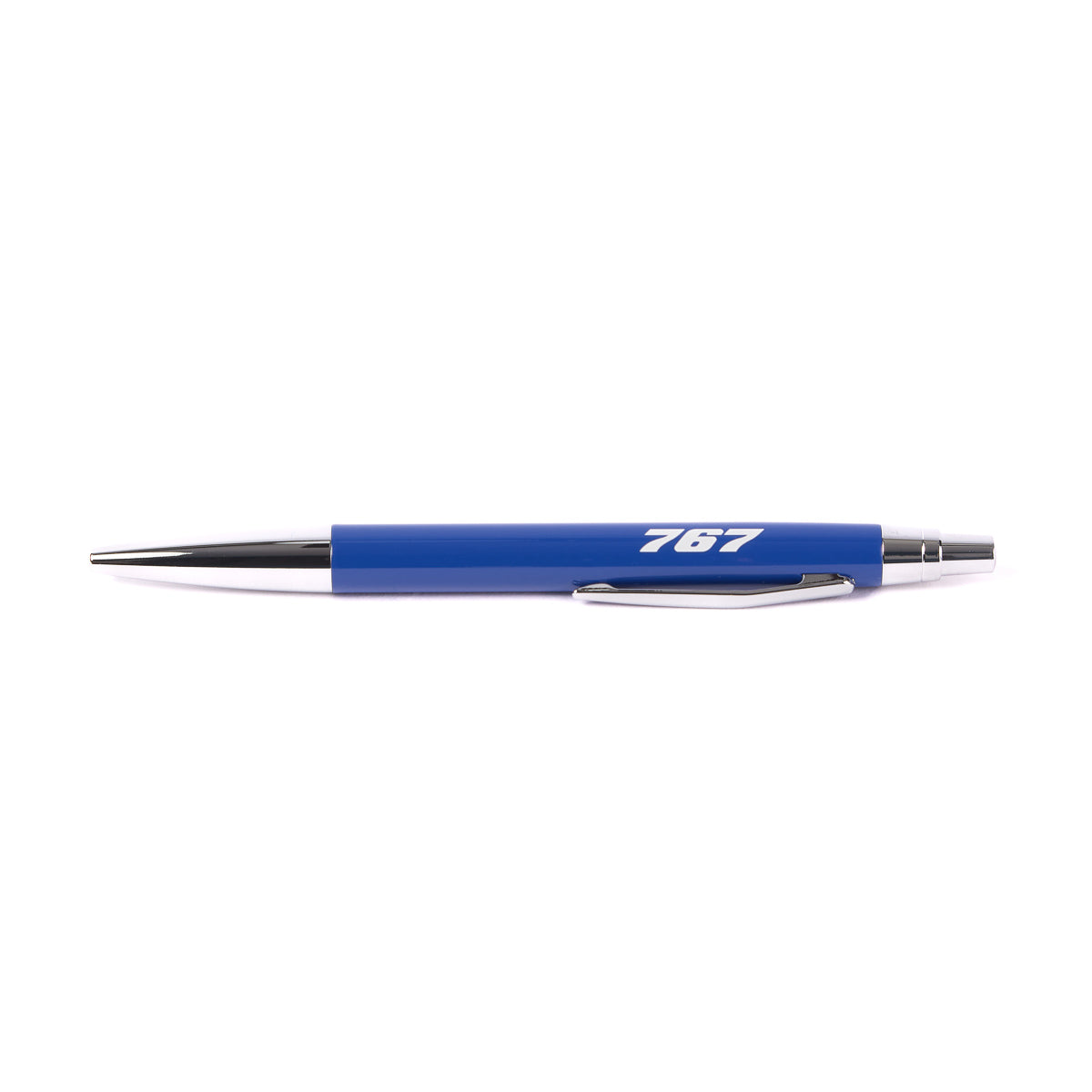 The Boeing Stores Boeing 767 Stratotype Pen is blue with a silver tip and clip, uses Parker-type refills, and has 767 printed in white. A perfect gift for aviation enthusiasts, its shown horizontally on a plain white background.