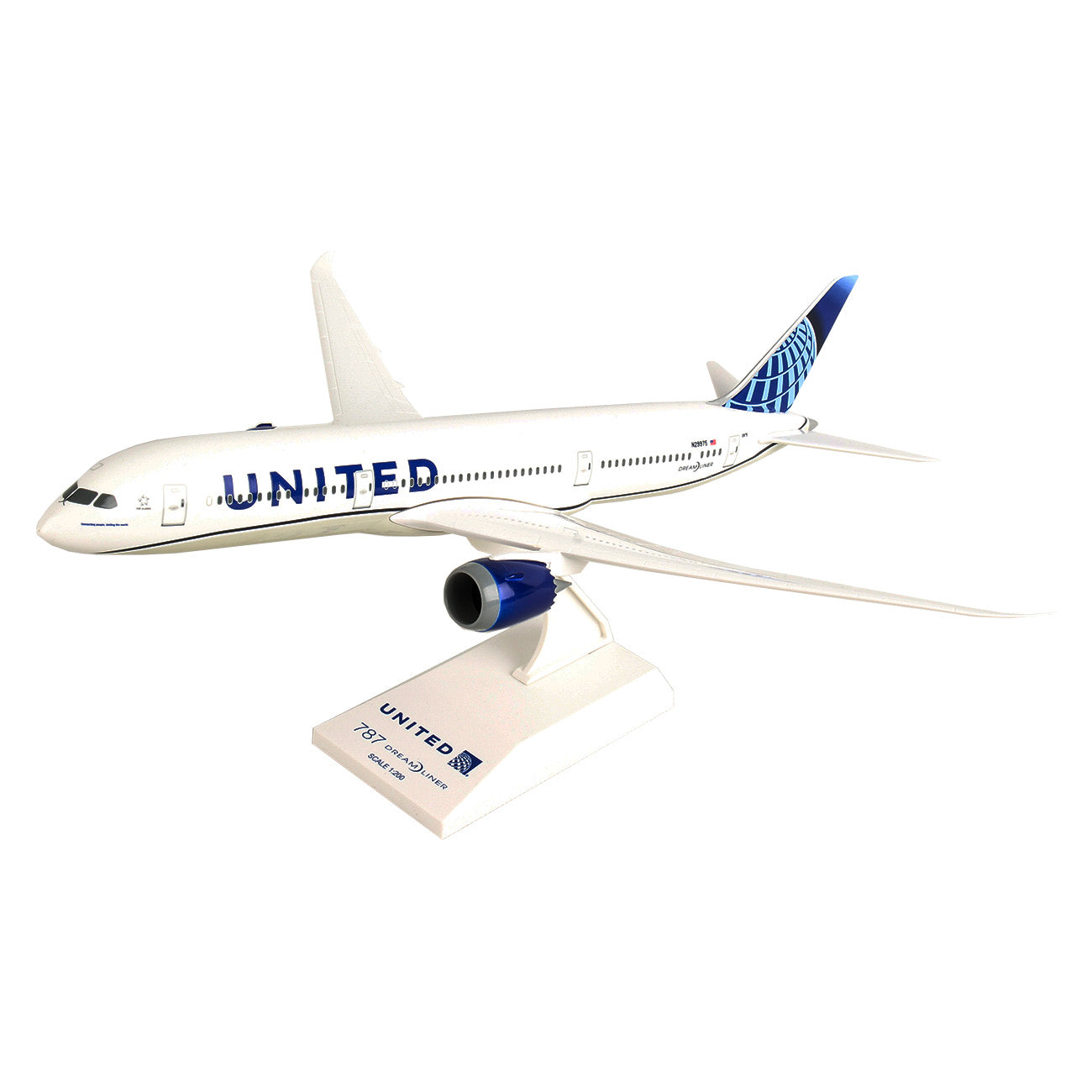 Collectors will love this Daron 1:200 model of a United Airlines Boeing 787-9. The elegant white model with blue accents features the United logo on its tail and comes with a stand labeled as the Boeing 787-10 Dreamliner, underscoring its impressive lineage.