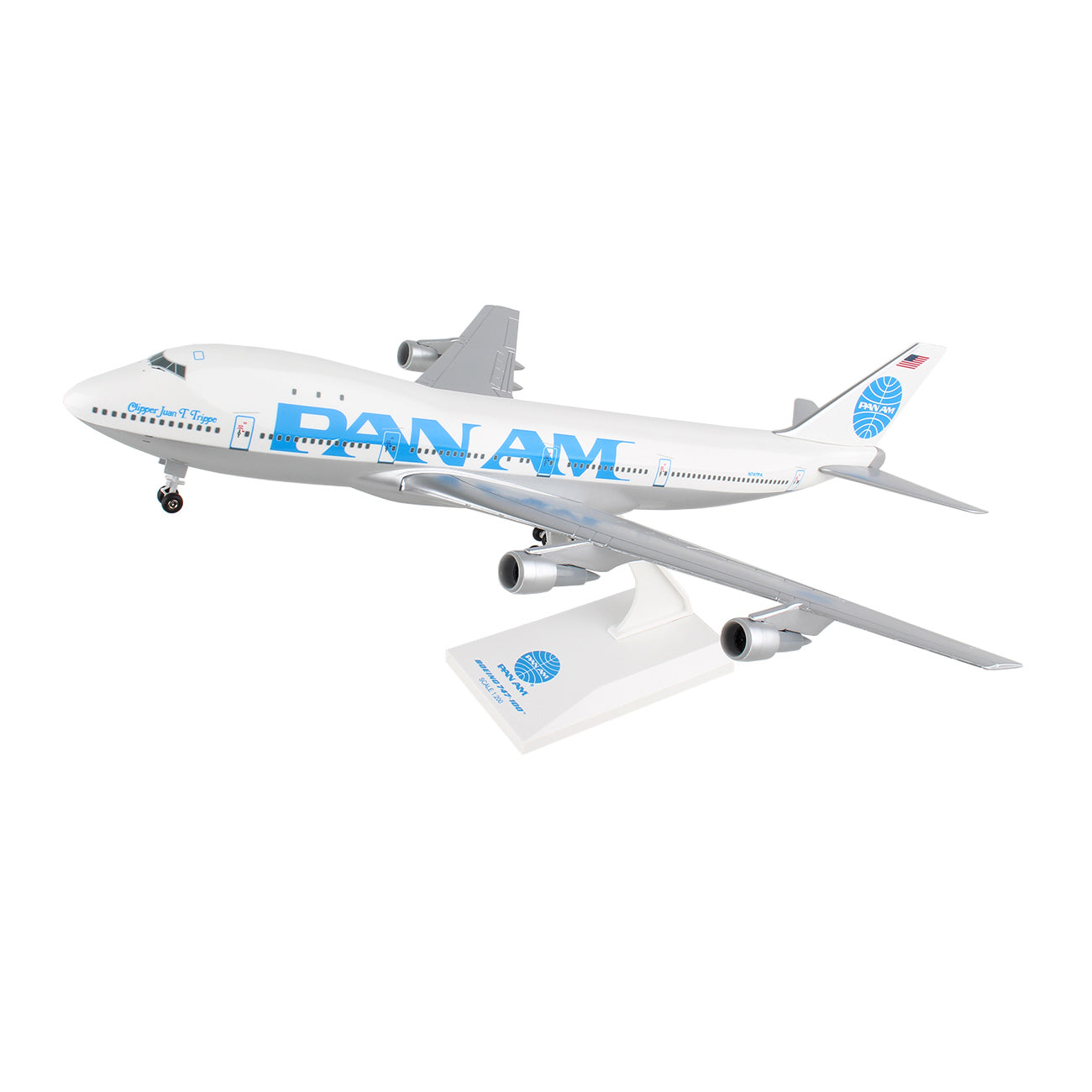 The Daron Pan Am World Airways Boeing 747-100 Juan Trippe 1:200 model boasts detailed white and blue PAN AM graphics, including four engines, set against a plain white backdrop.