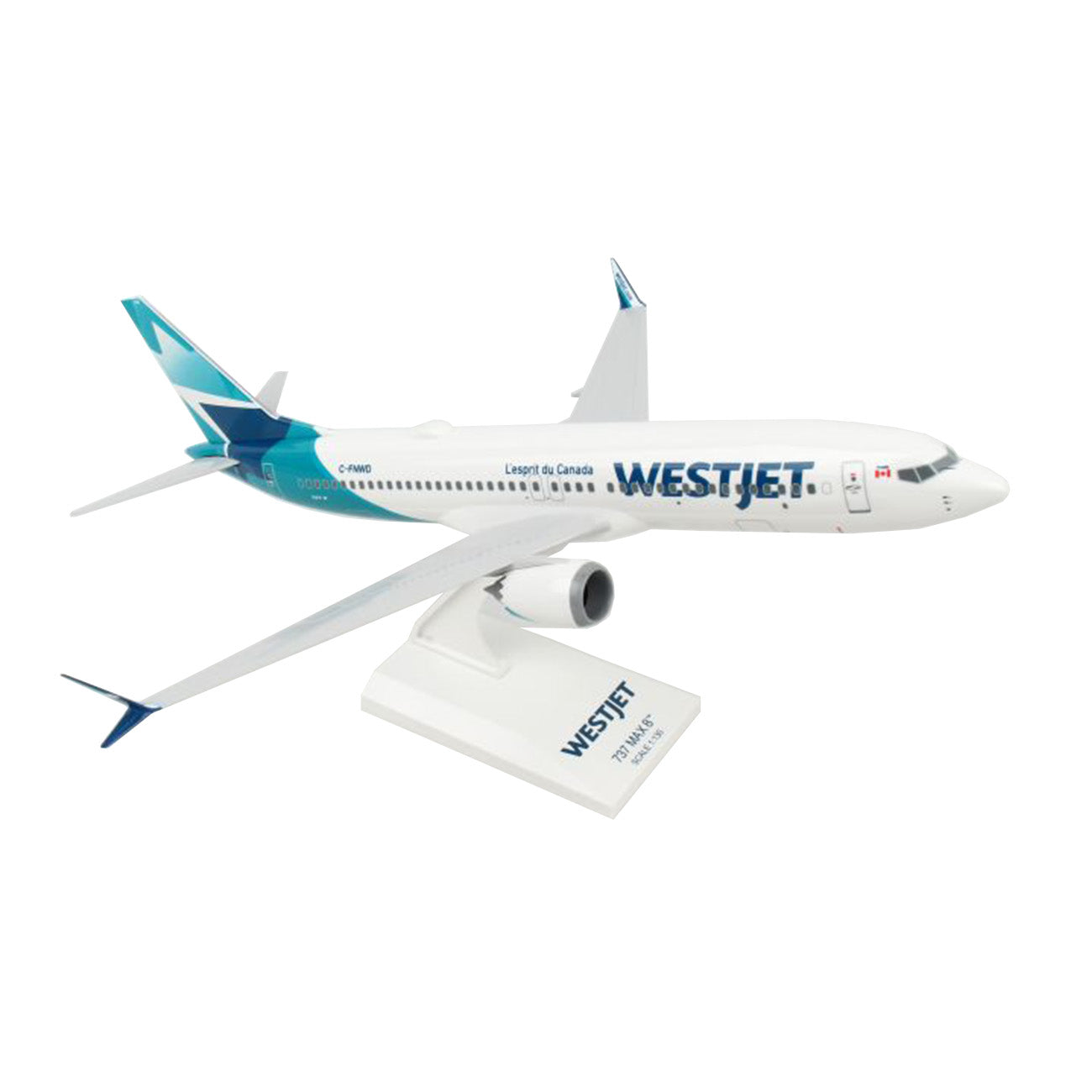 The Daron WestJet Airlines Boeing 737 MAX 8 1:130 Model features the airline’s blue and teal livery and comes mounted on a white display stand labeled WESTJET Boeing 737 MAX 8.