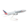 The Daron American Airlines Boeing 777-200 1:200 Model is a collectors item with a snap-fit design, mounted on a white stand, and features the airline’s logo, silver fuselage, and the red, white, and blue tailfin.