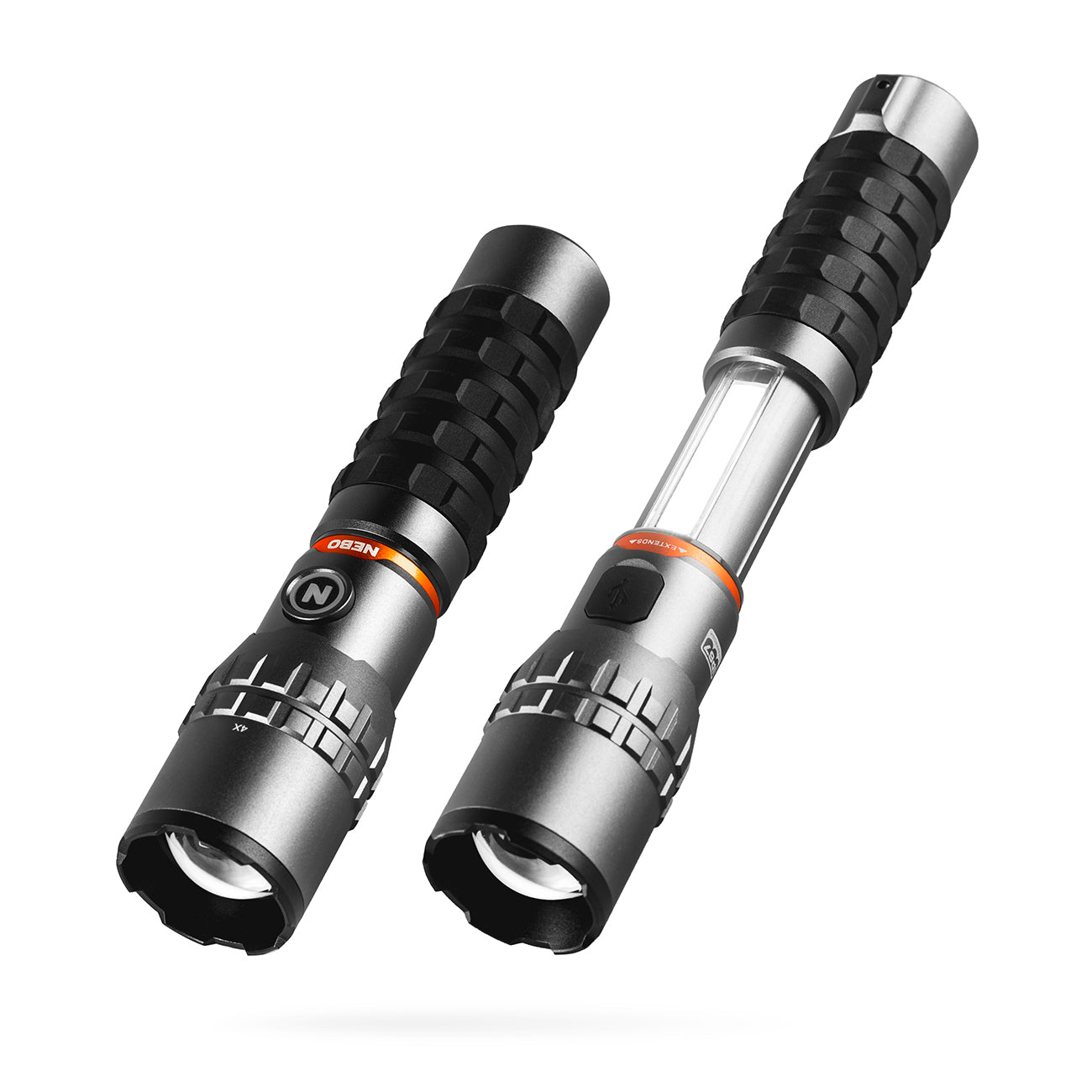 Two sleek, black and silver NEBO Slyde King 2K flashlights from The Boeing Store are shown. One is extended to display its transparency, both have a top button and brand logo. The rechargeable design combines functionality and style with a textured grip.