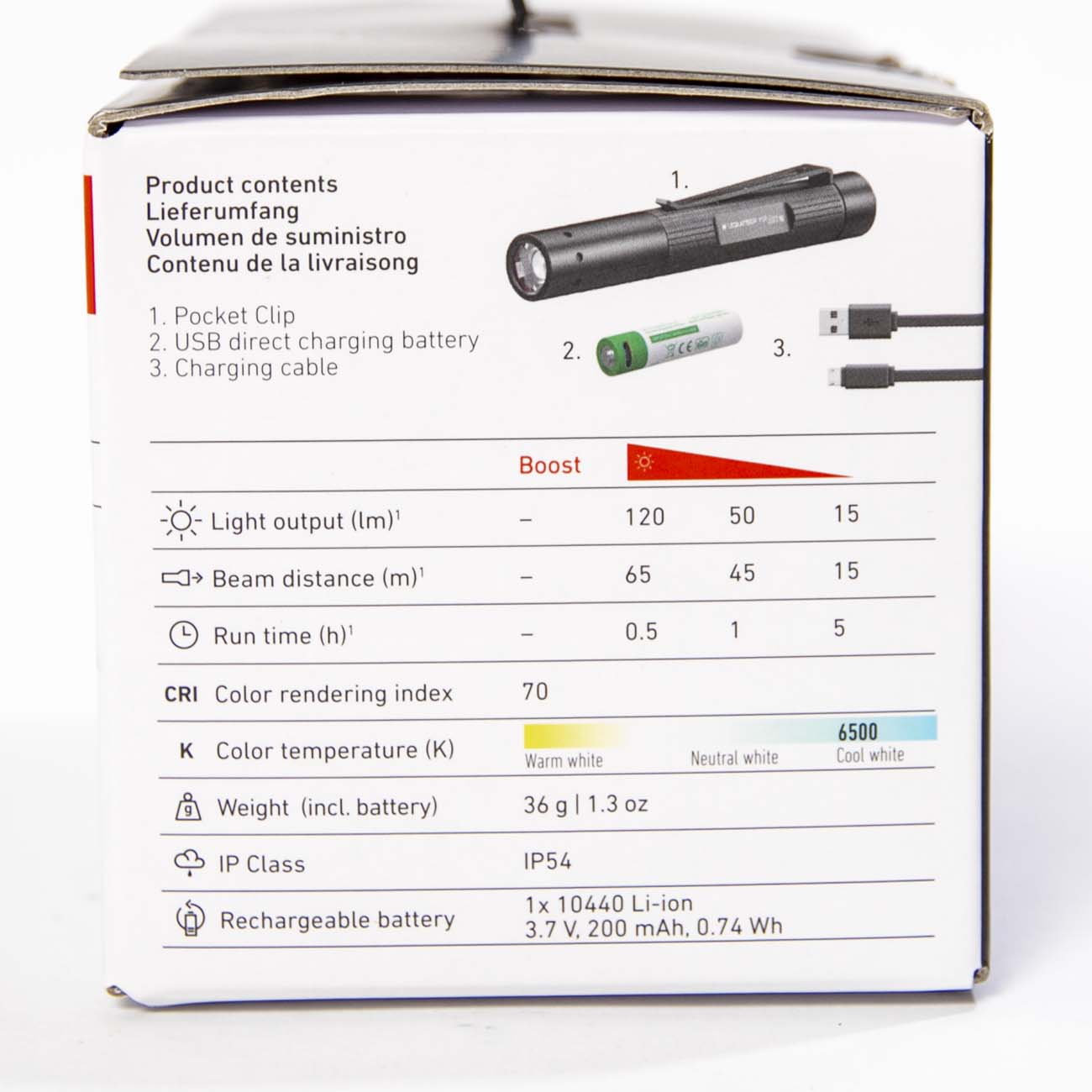 The Boeing Store’s Boeing Ledlenser P2R Core Flashlight box lists the flashlight, battery, USB charging cable, and pocket clip, plus features like brightness, beam distance, color temperature, and an advanced focus system.