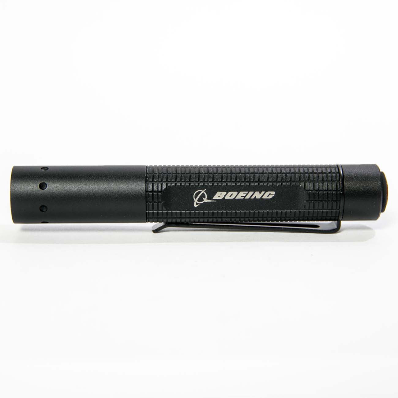 The Boeing Ledlenser P2R Core Flashlight from The Boeing Store is a black cylindrical pen light with a textured grip, clip, and the Boeing logo printed on the side, shown on a white background.