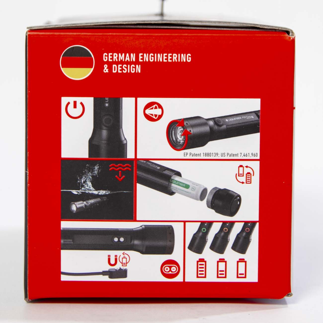 The Boeing Store’s red packaging for the Ledlenser P5R Core Flashlight features a German flag icon, “German Engineering & Design” text, and images showing the power button, magnetic charging, battery insertion, and indicator lights.