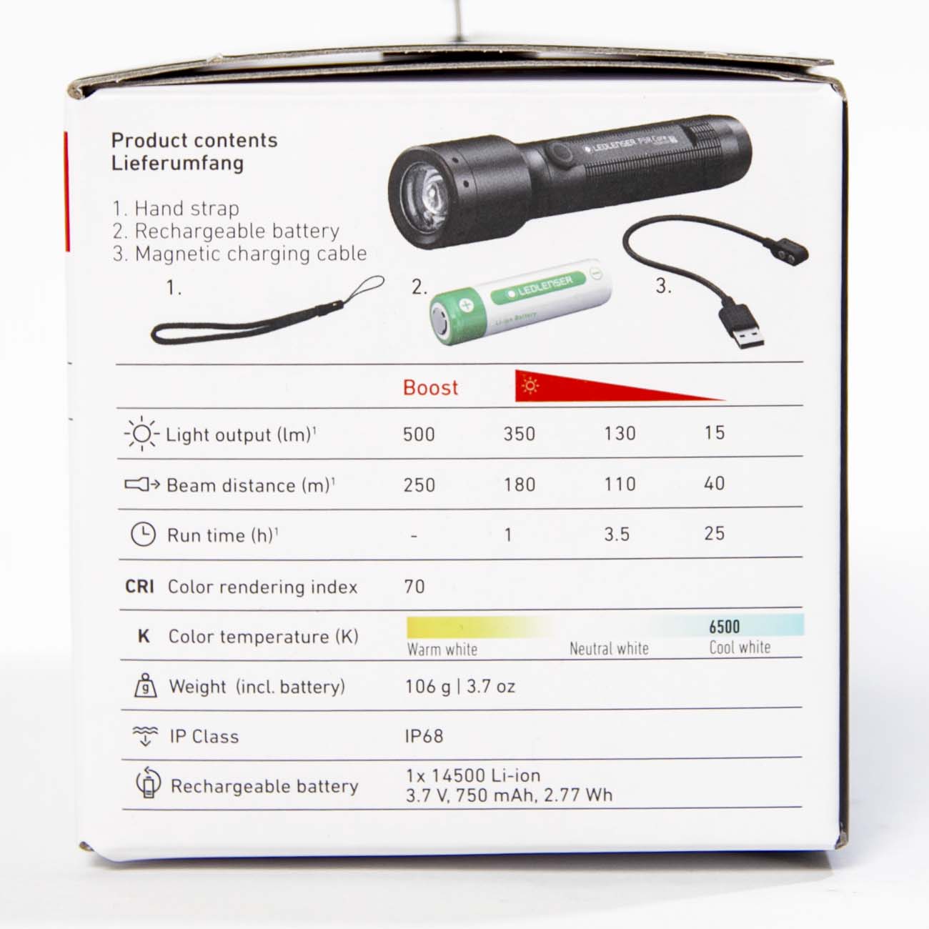 The Boeing Store’s Boeing Ledlenser P5R Core Flashlight features a rechargeable battery, magnetic charging, and displays specs for light output, beam distance, run time, color temperature, weight, IP class, and battery.