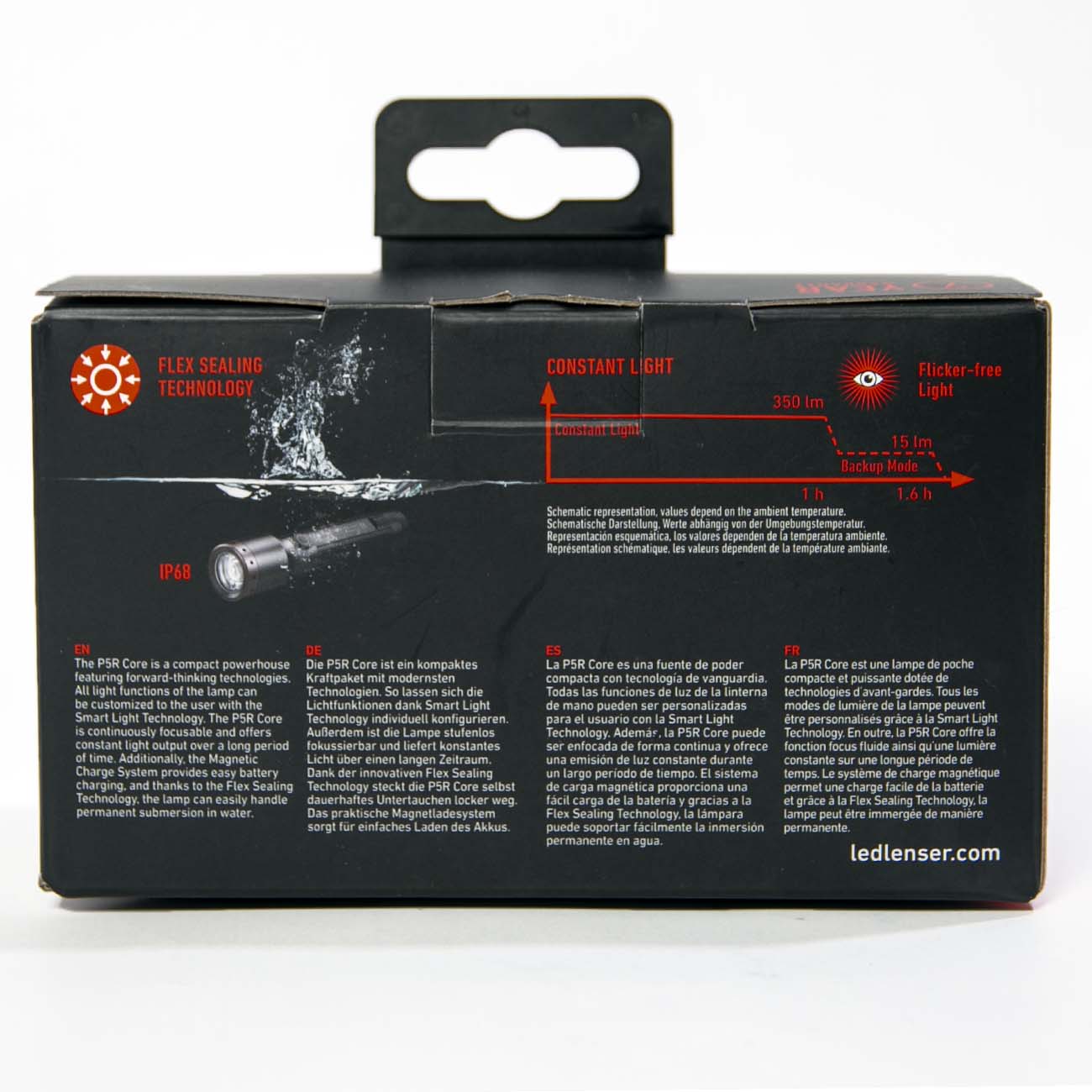 The back of a Boeing Ledlenser P5R Core Flashlight box from The Boeing Store lists features like Flex Sealing waterproof tech, magnetic charging, a 350-lumen max, up to 16-hour runtime, and info in multiple languages.