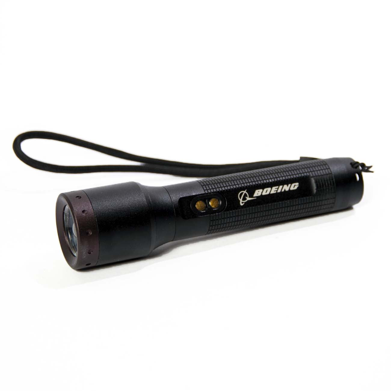 The Boeing Ledlenser P5R Core Flashlight from The Boeing Store is a compact torch with a wrist strap, Boeing logo on the side, and magnetic charging, shown against a white background.