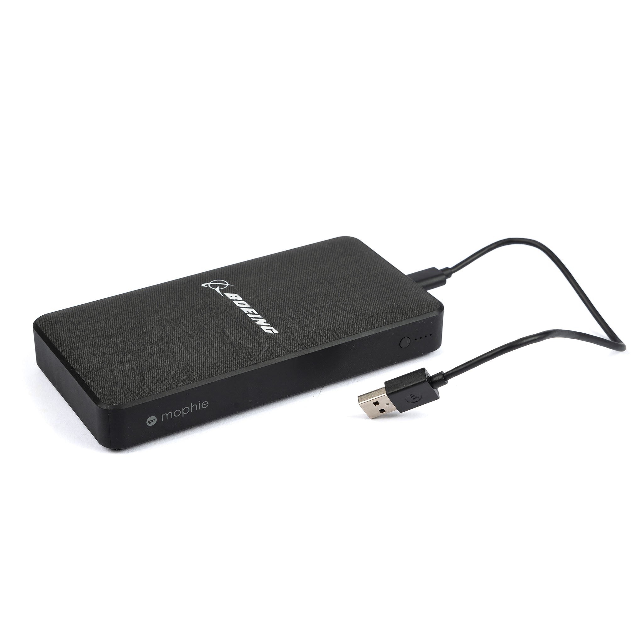 A black Mophie Boeing Powerstation XXL from The Boeing Store features a USB-A cable, LED indicator, sleek rectangular design with rounded edges, and a 20,000mAh capacity for reliable charging.