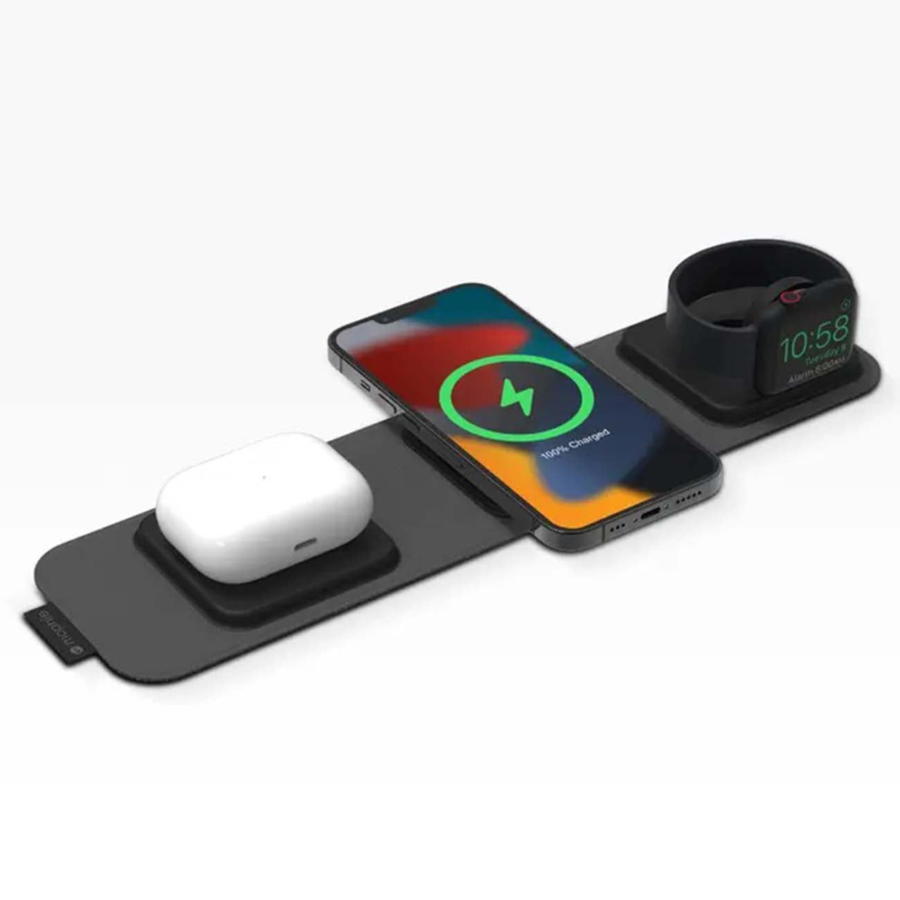 The Mophie Boeing 3-in-1 Travel Charger by The Boeing Store, in sleek black, has three sections: one charges a smartphone with a green battery icon, another powers white earbuds, and the third charges a smartwatch displaying 10:58. Perfect for on-the-go convenience to keep all devices ready.