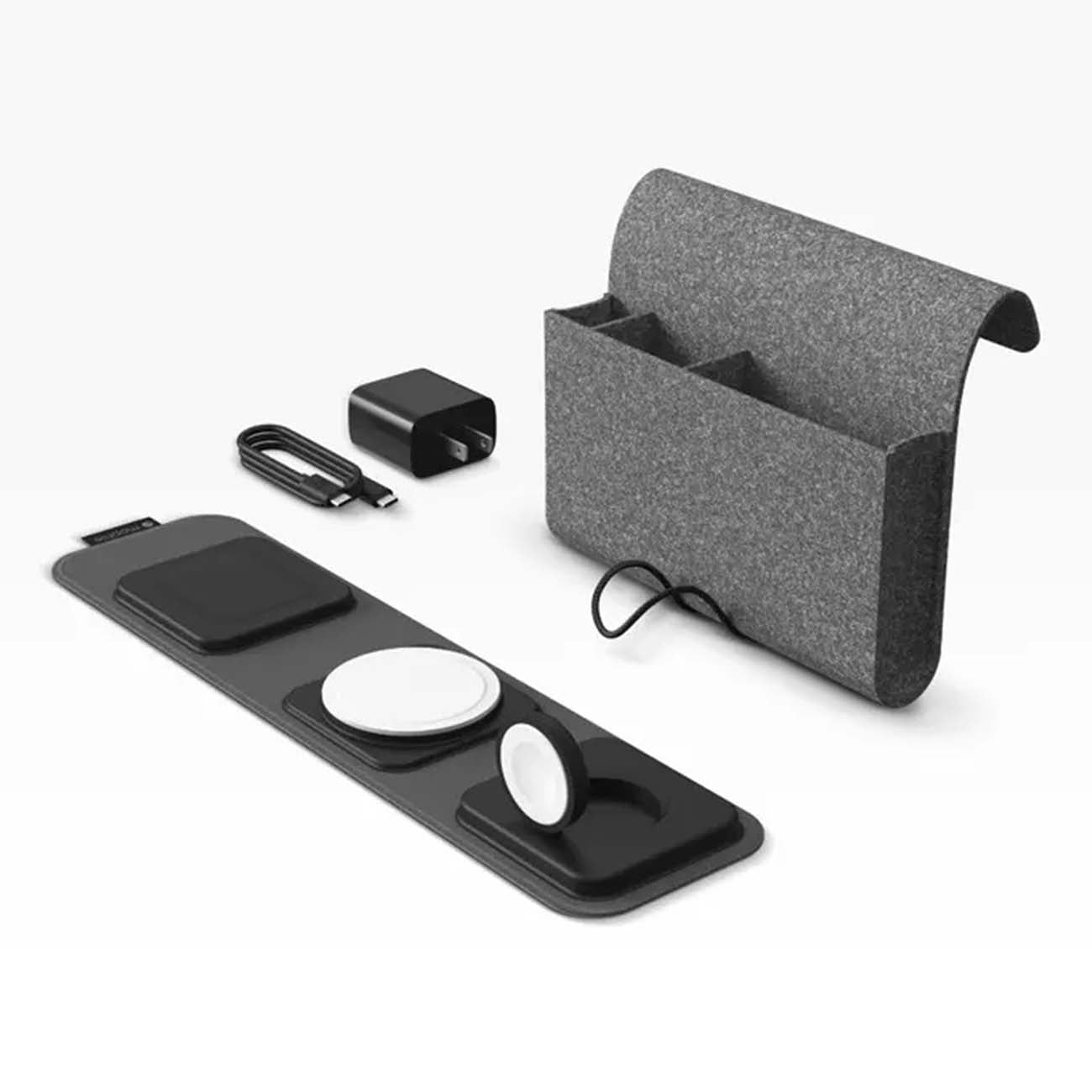 The Boeing Stores Mophie Boeing 3-in-1 Travel Charger includes a sleek black charger with three wireless charging pads, a USB cable, a power adapter, and a gray fabric organizer pouch with two compartments, all arranged on a white background.