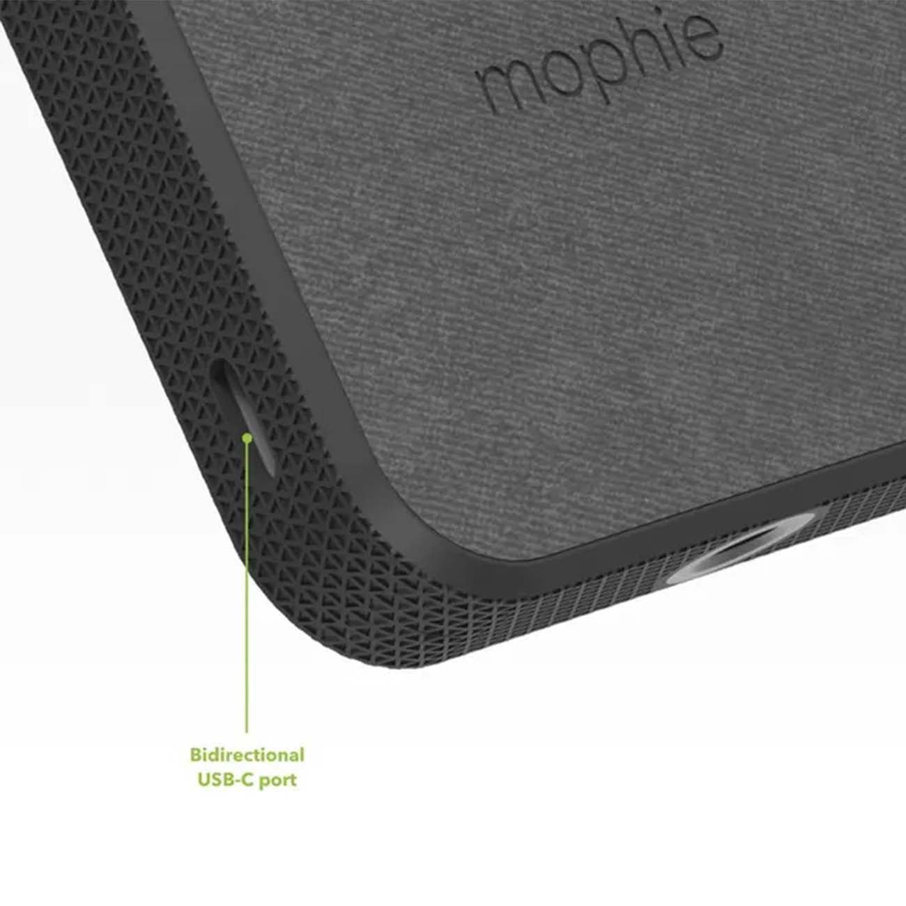 Close-up of the Mophie Boeing Snap+ Power Station from The Boeing Store, highlighting its textured edge, labeled bidirectional USB-C port, visible branding, and convenient wireless charging feature.