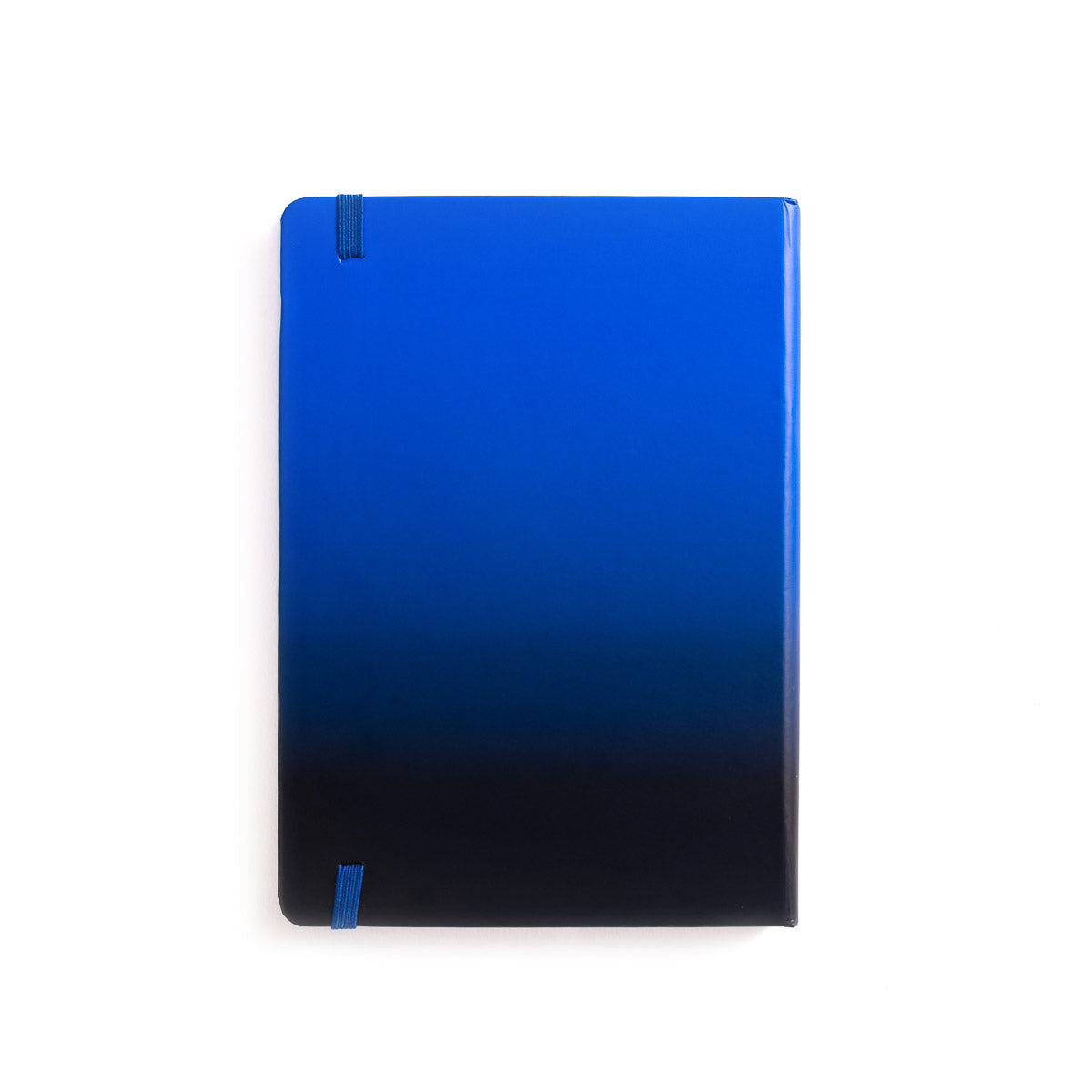 A closed Boeing Logo Notebook from The Boeing Store, with a blue-to-black gradient cover, blue elastic band, and 5" x 7" size, rests on a white background.