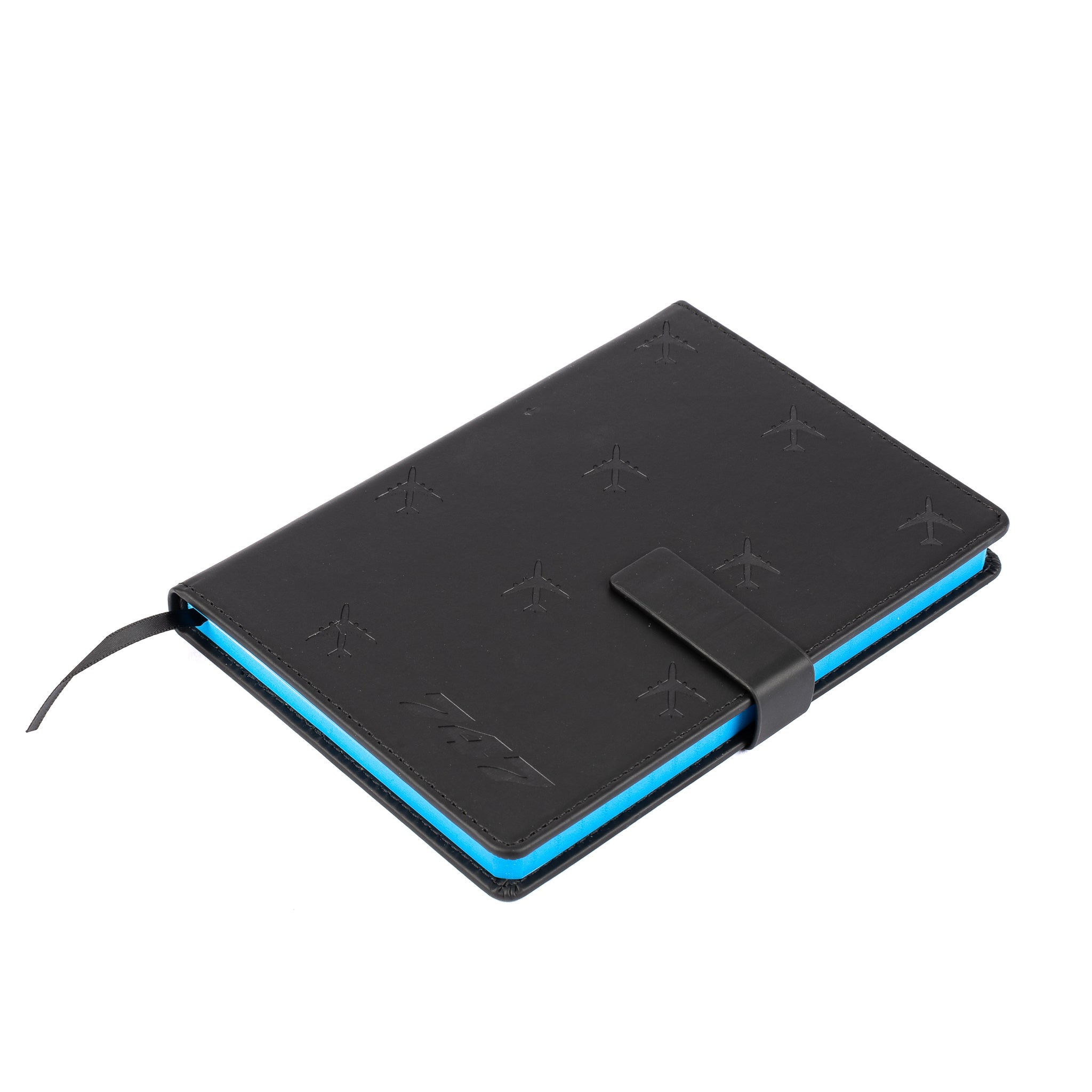 A black Boeing 747 Notebook from The Boeing Store features embossed aircraft patterns and the number 747 on the PU hardcover, blue-edged pages, a strap closure, and a black ribbon bookmark.