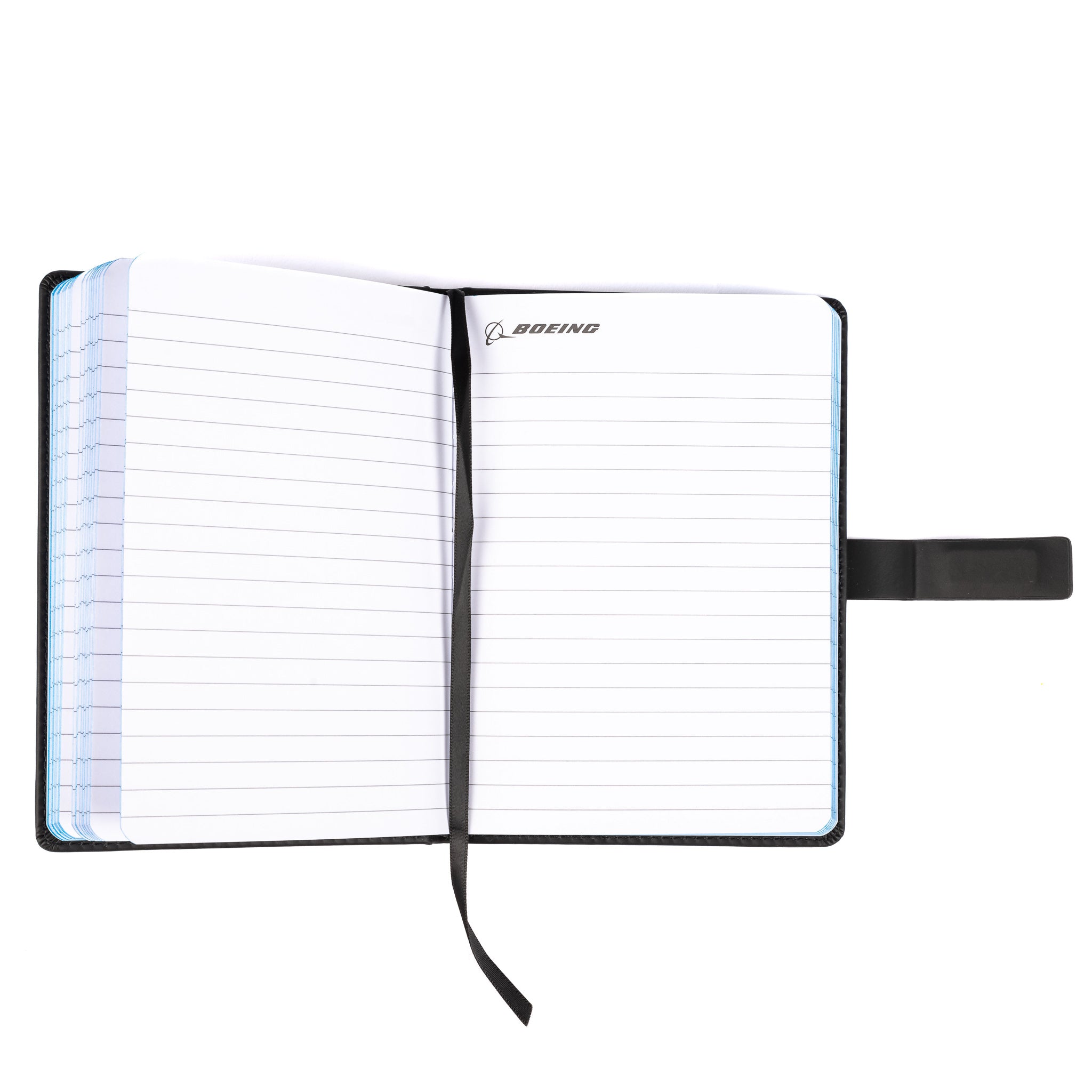 The Boeing Store’s Boeing 737 MAX Notebook is an open PU hardcover with a black cover, featuring the Boeing logo, an aircraft shape at the top of each page, and a black ribbon bookmark.