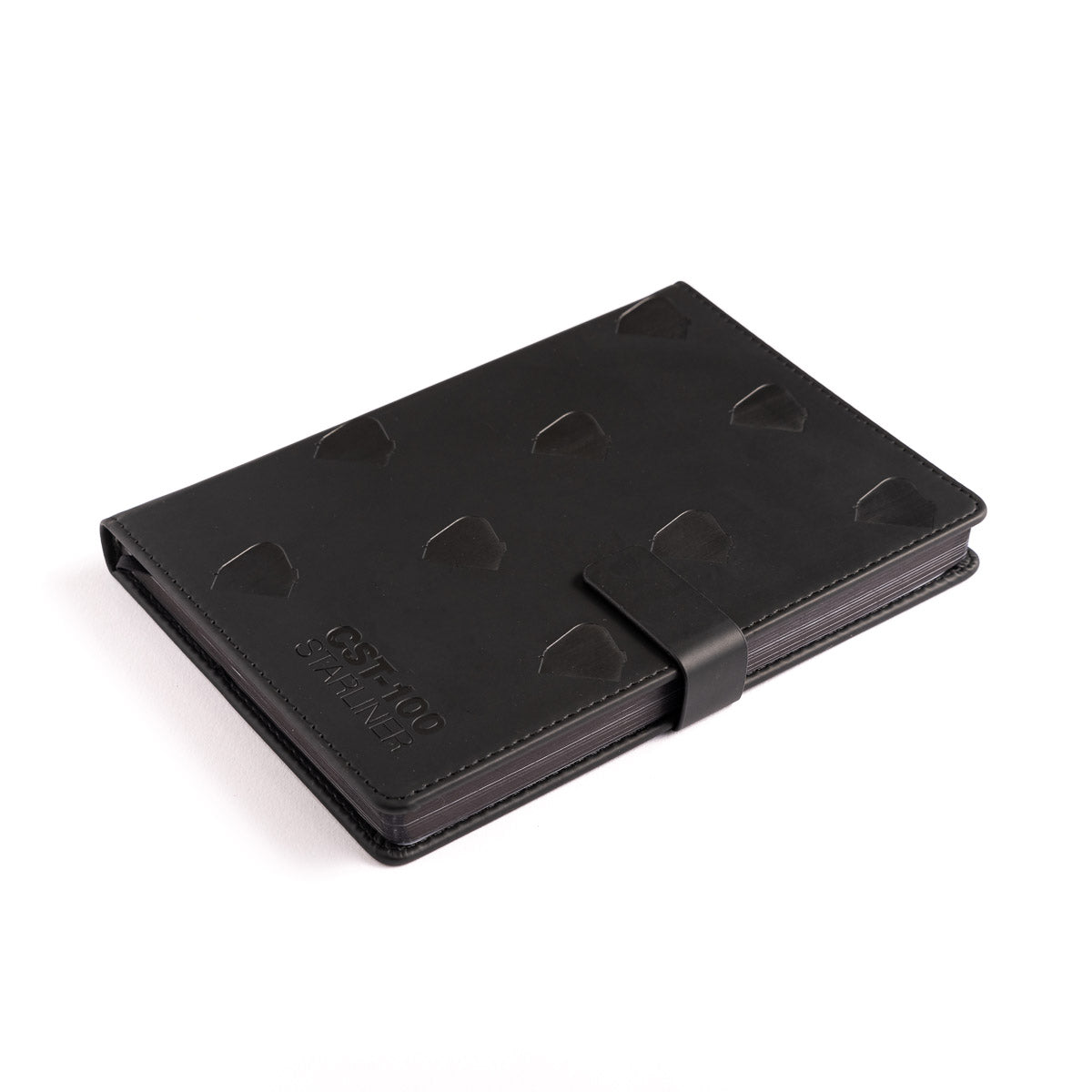 A Boeing CST-100 Starliner Notebook from The Boeing Store, featuring a black PU hardcover with raised geometric patterns and a matching strap closure, lies on a white surface. Its sleek design, resembling an aircraft stamp, includes subtle embossed details symbolizing Boeings precision.